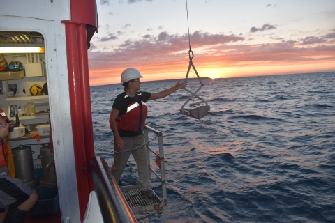 A person reaching for a ponar dredge hanging by the side of a boat. The sunset is in the background.