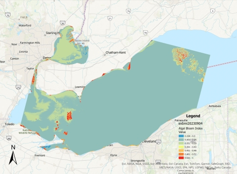 A map showing the algal bloom index in western Lake Erie on 9/4/2023. There are moderate blooms in Lake St. Clair, many moderate and some severe blooms in the western basin, and a few moderate and severe blooms along the shore in the central basin with one large bloom in the center of the central basin