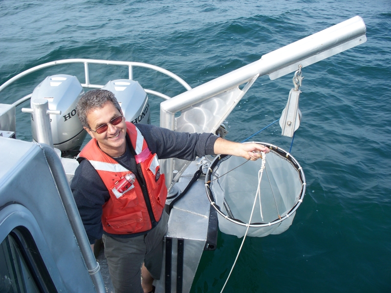 A person on the back of a boat holds up a conical net