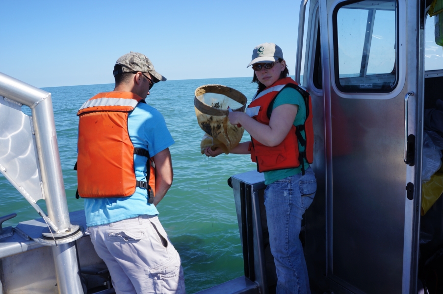 Two people work at the edge of a boat. One is holding a handheld net with mud in it.