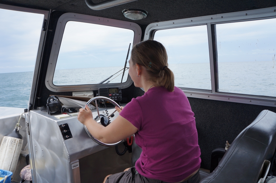 A person sits inside the cabin of a boat at the steering wheel