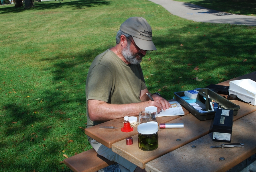 A person sitting at a picnic table with some jars and a toolbox, writing in a small notebook.