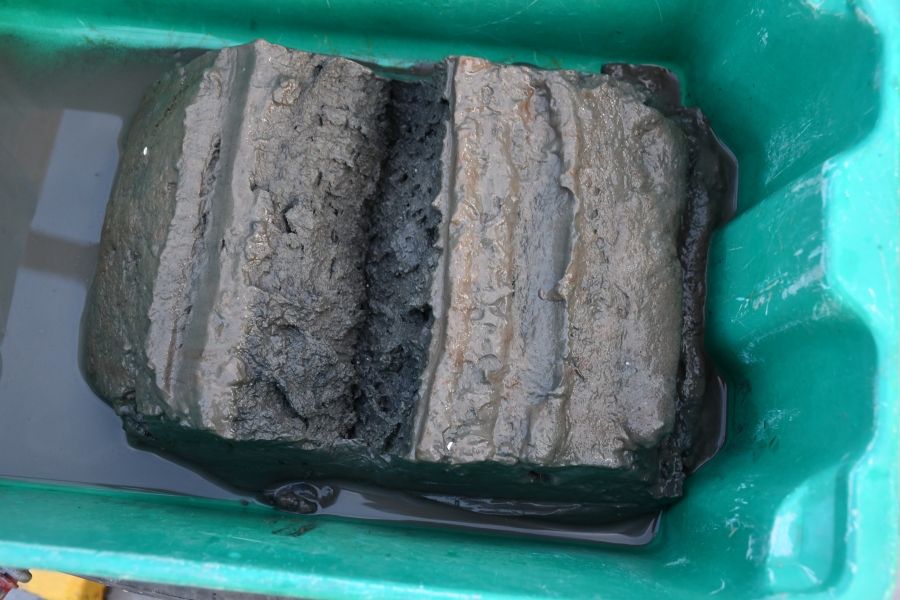 A tub with a large scoop of smooth, thick mud with some muddy water around it