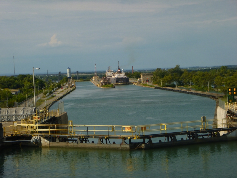 A large freight boat in a large canal lock