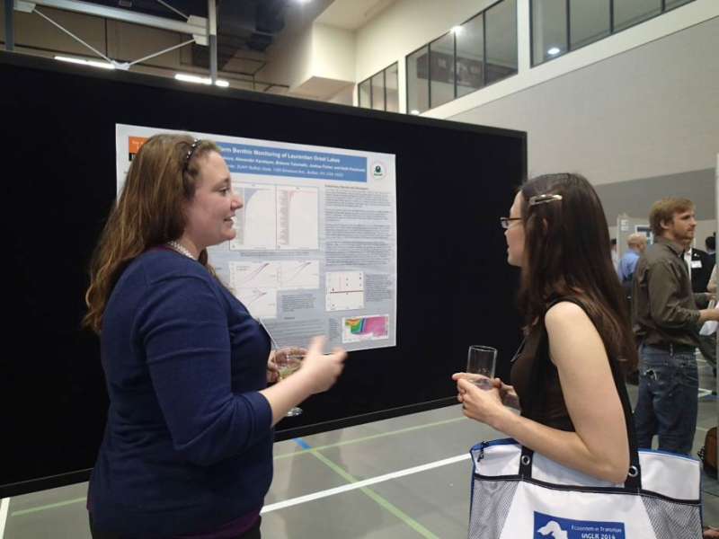 Two people look at a poster displayed on a board